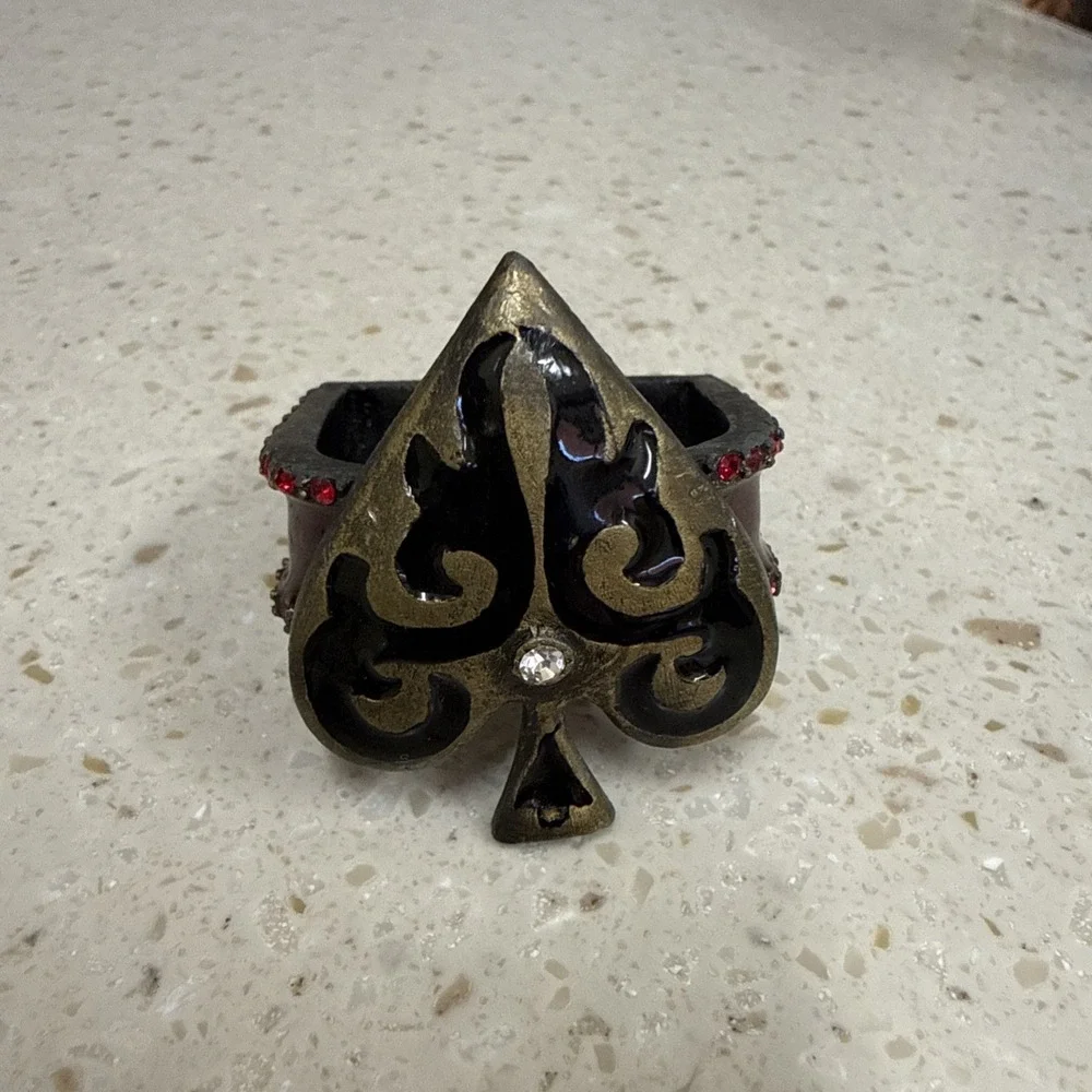 4 Metal Napkin Rings Card Suits Heart Diamond Spade Clover Red Black Rhinestones